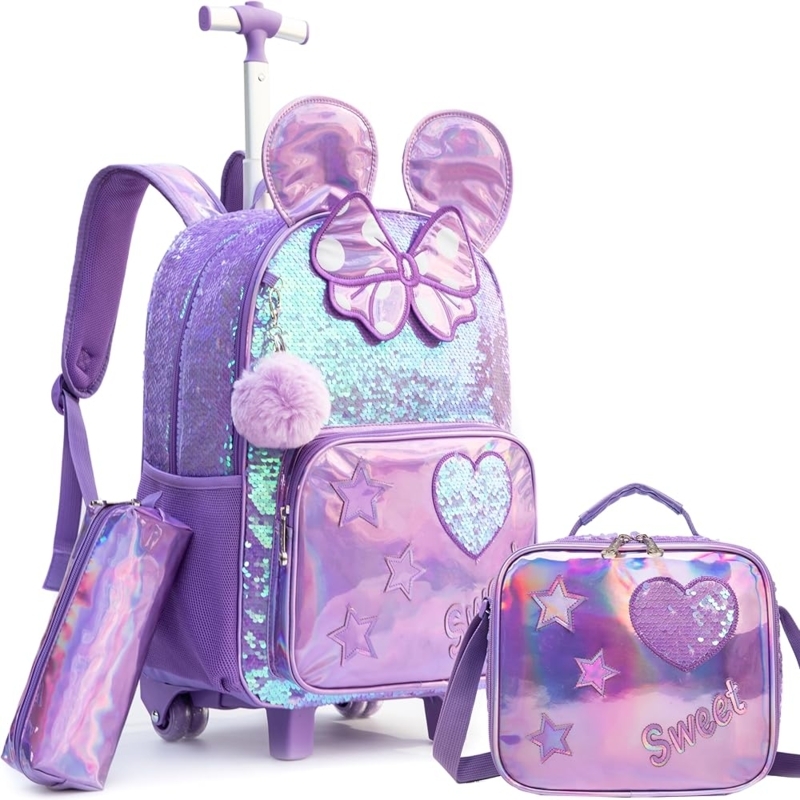 Iridescent Rolling Backpack Set with Mouse Ears and Sequins