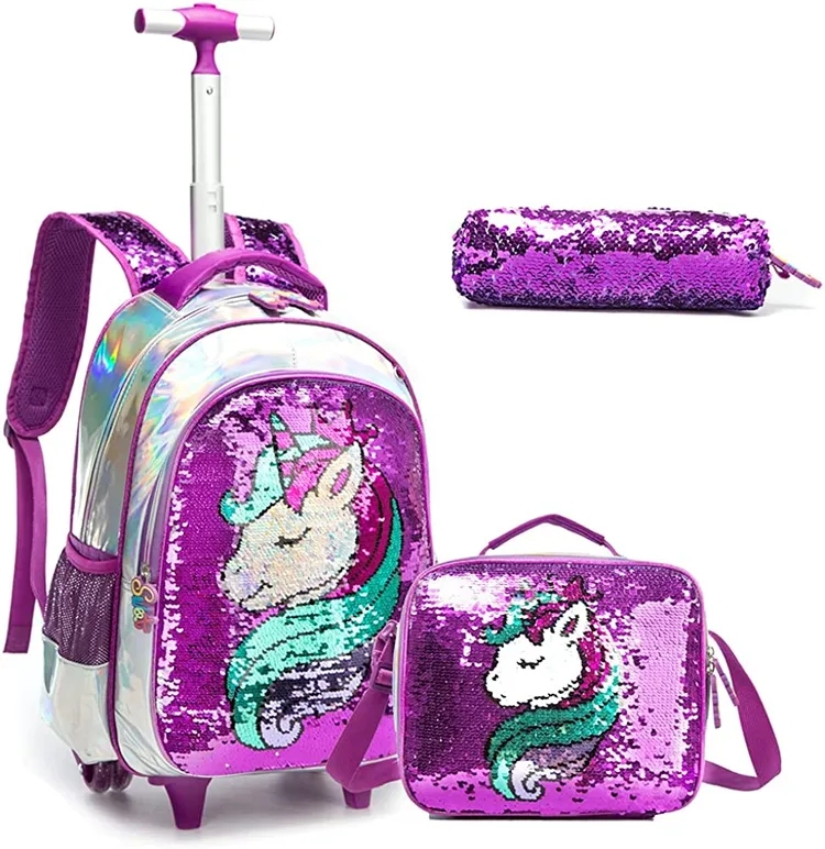 Iridescent Unicorn Rolling Backpack Set with Reversible Sequins
