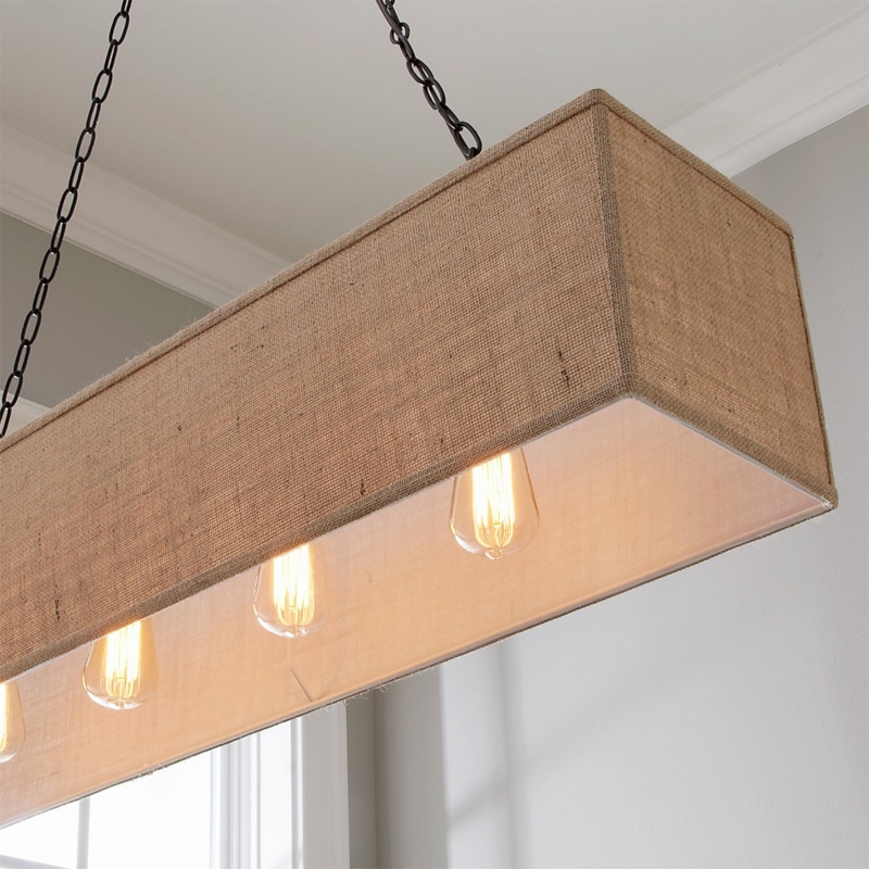 Island Chandelier Burlap Shade Dark Bronze Edison Bulbs Linear Filament