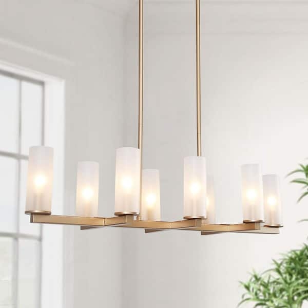 Island Chandelier Frosted Glass Cylinders Rectangular Gold 8-Light