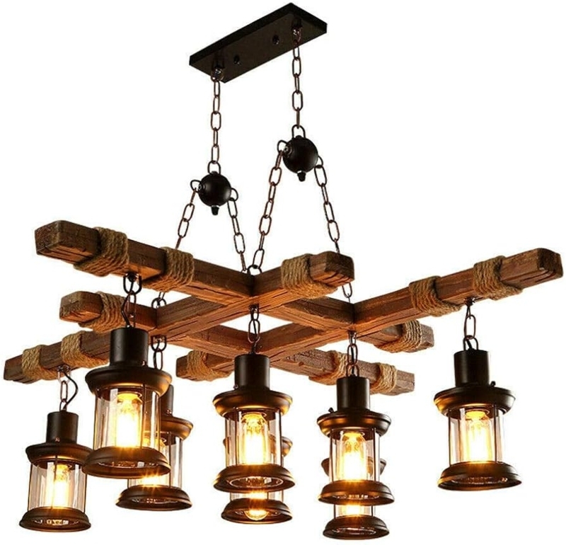 Island Chandelier, Rope Wrapped Beams, Pulley Suspension, 8-Light.