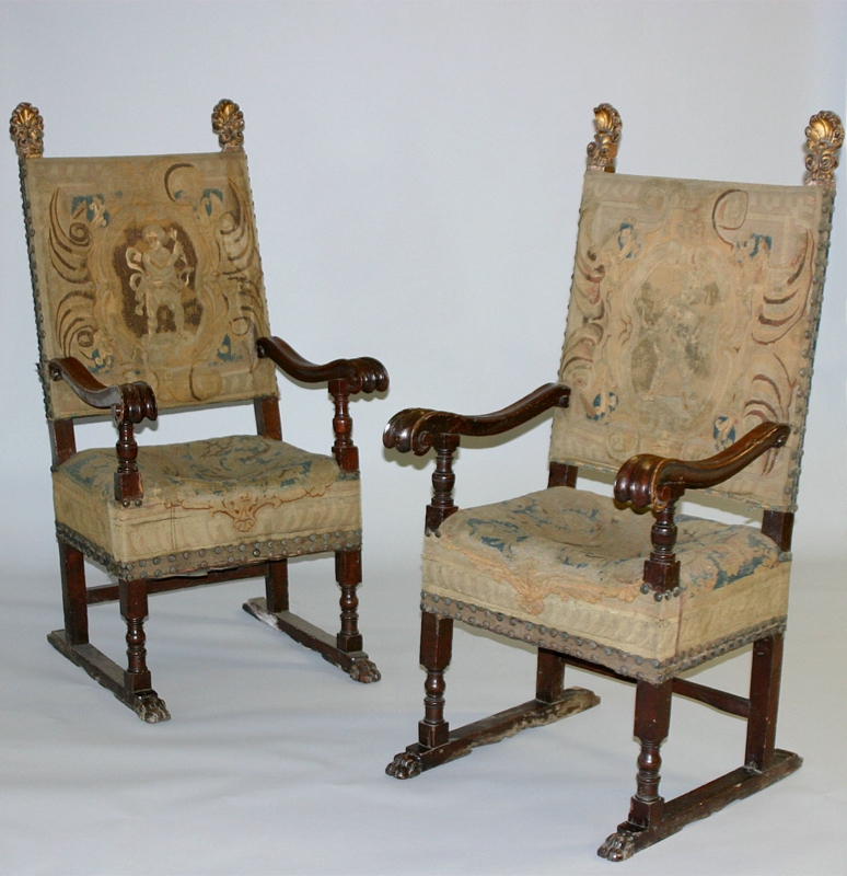 Italian Renaissance Armchair Pair with Tapestry Back and Sled Base