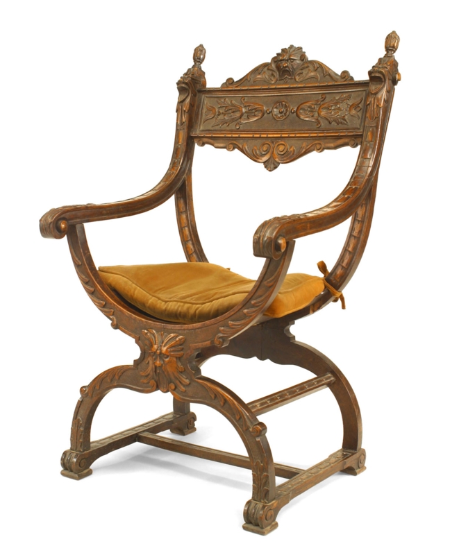 Italian Renaissance Armchair with Carved Mascaron and X-Frame Base