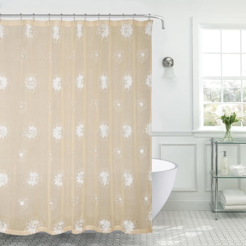 Ivory Embroidered Bathroom Decor, Sheer Fabric, Silver Floral Detail.