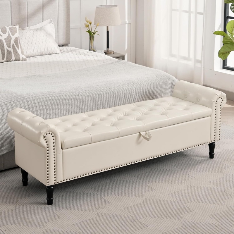 Ivory Leather-Like Storage Bench with Nailhead Trim and Turned Legs