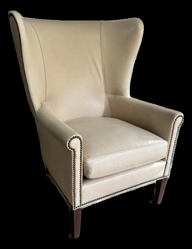 Ivory Leather Wingback Chair featuring Antique Bronze Trim