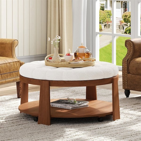 Ivory Round Ottoman Coffee Table Tufted Hidden Casters Wood Shelf