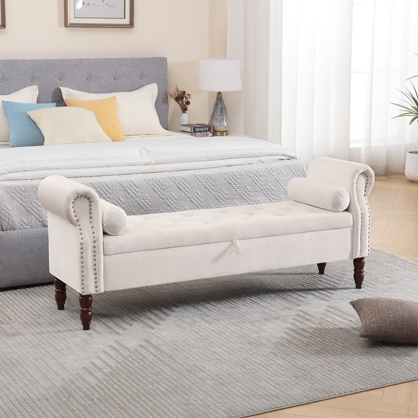 Ivory Velvet Storage Bench with Rolled Arms, Nailhead Trim and Bolsters