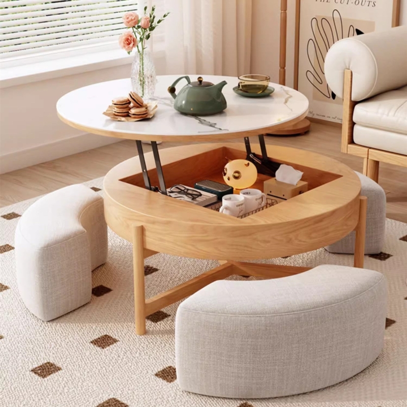 Japandi Coffee Table Set: Nesting Ottomans, Lift Top, Stone-Like Surface