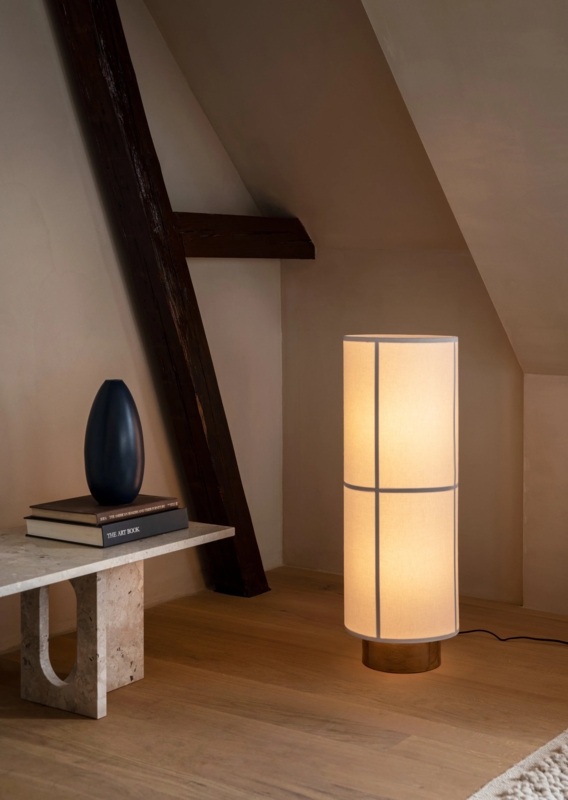 Japandi Floor Lamp with Cylindrical Grid Patterned Fabric Shade