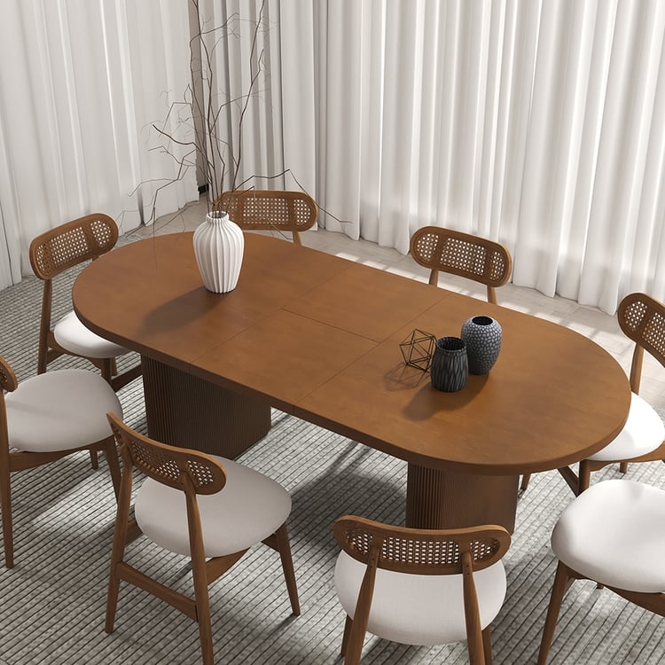 Japandi Oval Extendable Table in Walnut with Rattan Backrest Chairs