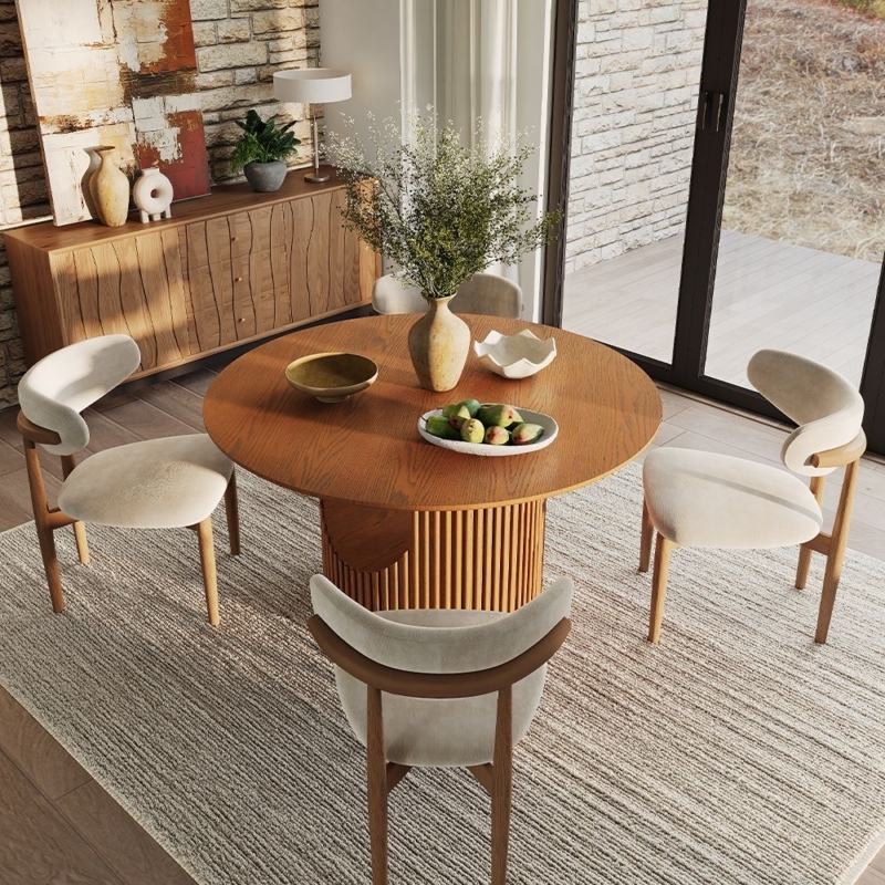 Japandi Round Dining Table with Fluted Pedestal Base in Walnut Brown