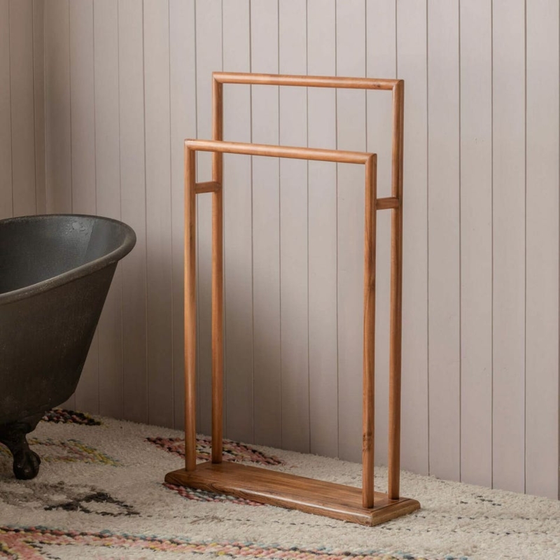 Japandi Style Acacia Wood Towel Stand with Tiered Double Rail