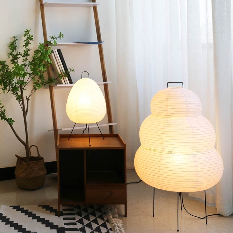 Japandi Style Lighting with Tiered Sculptural Rice Paper Floor Lamp