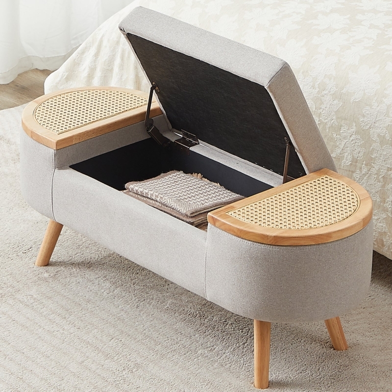 Japandi Style Storage Bench with Rattan Cane Panels and Curved Ends