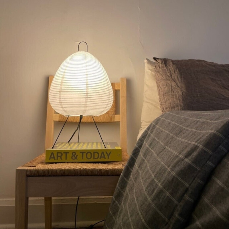 Japandi Table Lamp, Ovoid Ribbed Paper Shade Styled with Book Riser