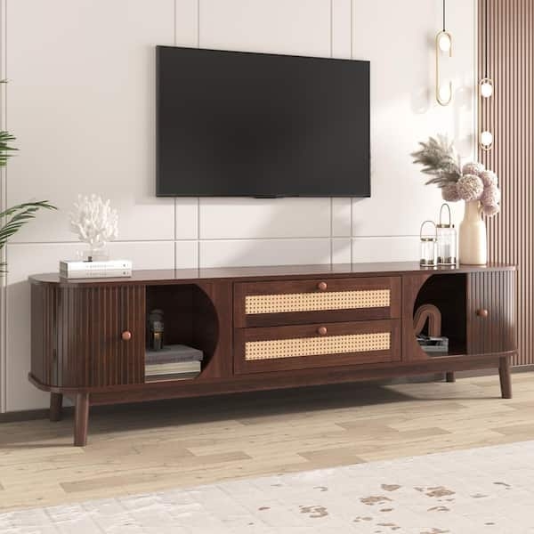 Japandi TV Stand with Fluted Sliding Doors and Rattan Drawers