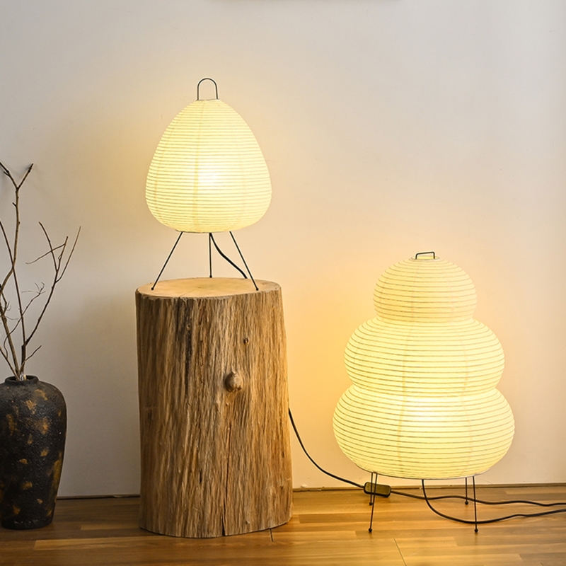 Japanese Paper Floor Lamp with Tiered Gourd Shape and Wood Stump Base