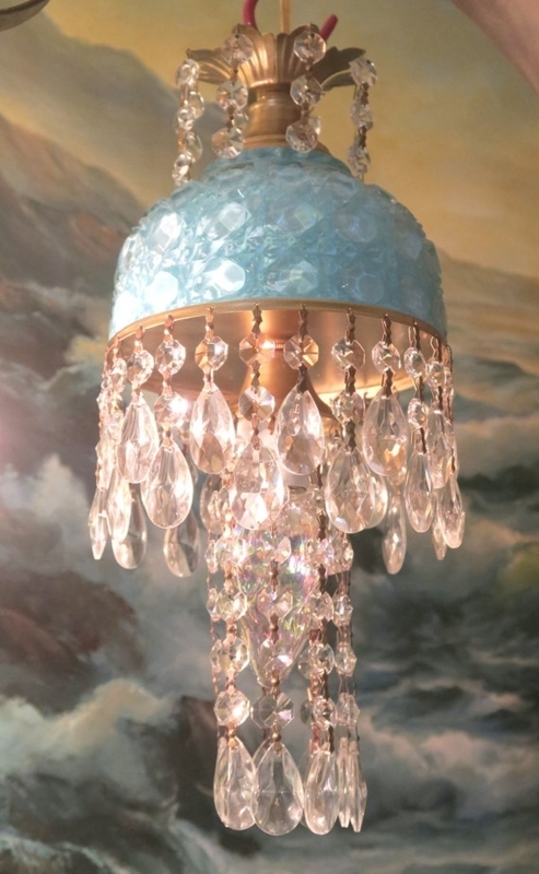 Jellyfish Style Pendant Light: Aqua Pressed Glass, Tiered Crystal Drops.
