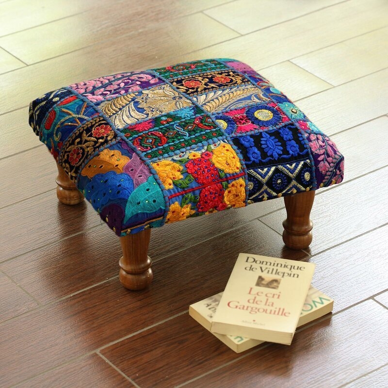 Jewel Toned Accent Stool Ottoman: Patchwork Fabric & Satin Legs