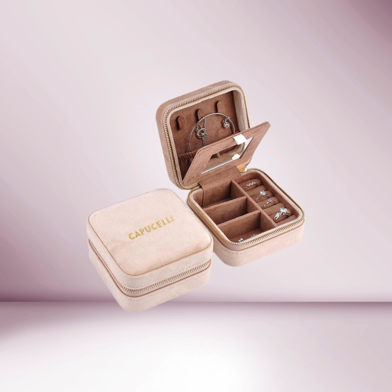 Jewelry Box Blush Pink Velvet with Gold Embossed Logo and Interior Mirror