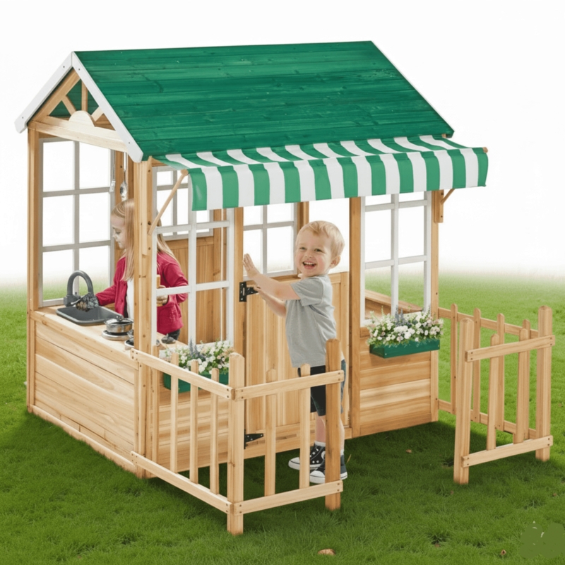 Jungle Green Playhouse with Picket Fence & Integrated Play Kitchen