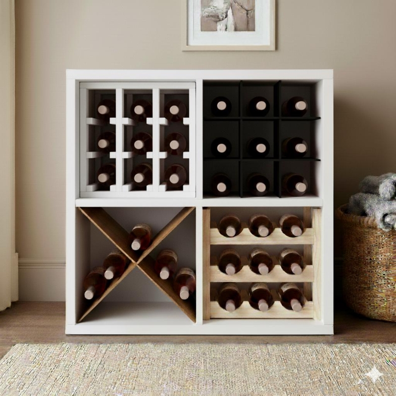 Kallax Compatible Wine Rack Insert with Mixed Rack Styles, White Frame.
