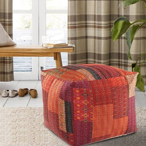 Kantha Stitch Ottoman Pouf: Red Patchwork & Square Silhouette