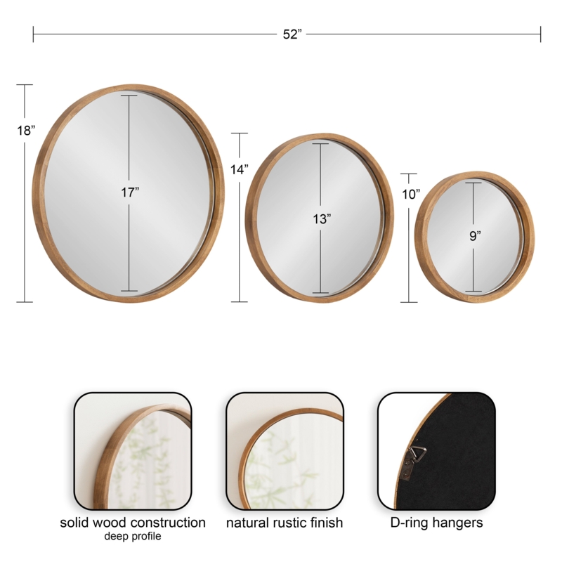 Kate and Laurel Valenti Modern Wooden Round Wall Mirror Set, Set of 3,  Varying Sizes, Natural Rustic, Decorative Three-Piece Circle Mirror Set for  Use as Bathroom Mirror Decor or Gallery Wall Mirrors 