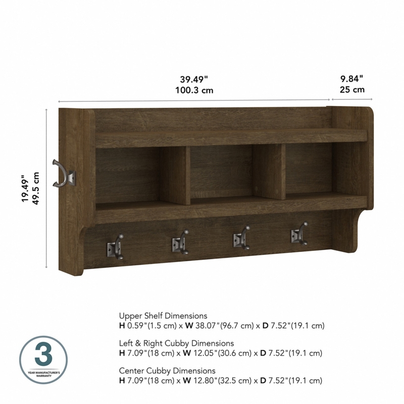 Kathy Ireland Bush Furniture Woodland 40W Wall Mounted Coat Rack -  WDH340ABR-03