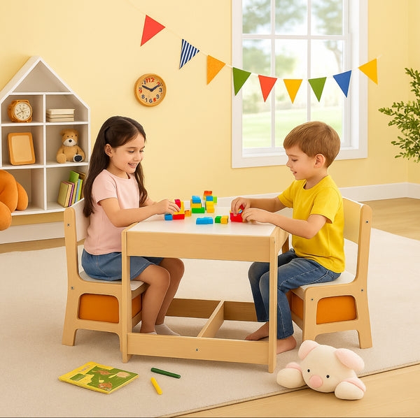 Kids Activity Table Set with Integrated Orange Bins