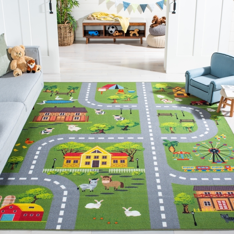 Kids Area Rug Washable Playroom Carpet Neighborhood Road Map Print
