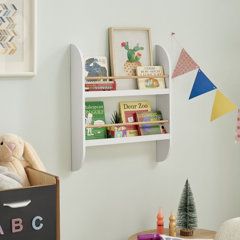 Kids Bookshelf 2-Tier with Wood Toned Horizontal Dowels.
