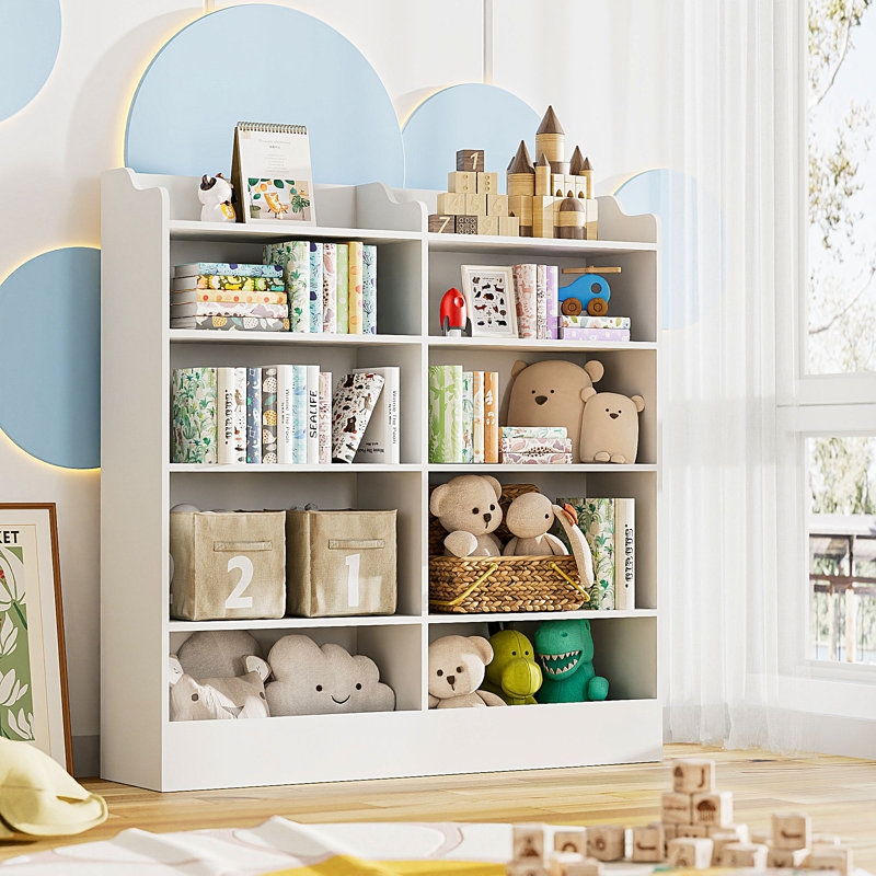 Kids Bookshelf Matte White 8-Cube Storage with Curved Top.