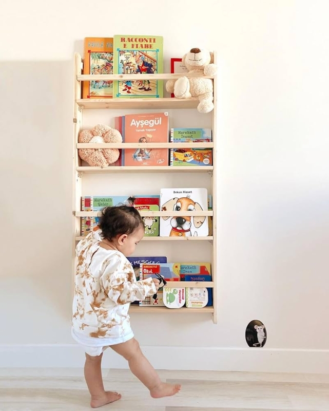 Kids Bookshelf Natural Wood Montessori Display, 4 Tier Floating Design.