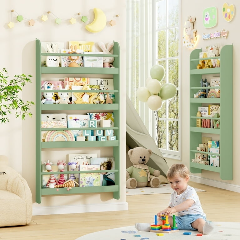 Kids Bookshelf Sage Green Finish, 4-Tier Slim Profile Wall Mount.