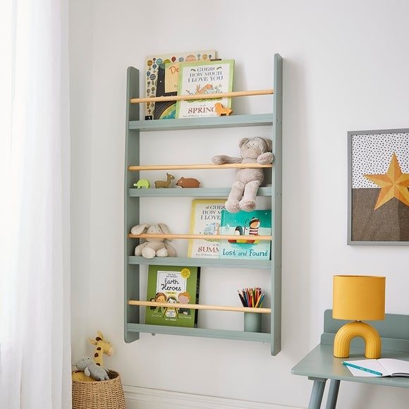 Kids Bookshelf Sage Green Frame with Natural Wood Rails.