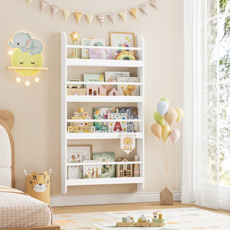 Kids Bookshelf Wall Mounted 4-Tier with Rounded Corners.