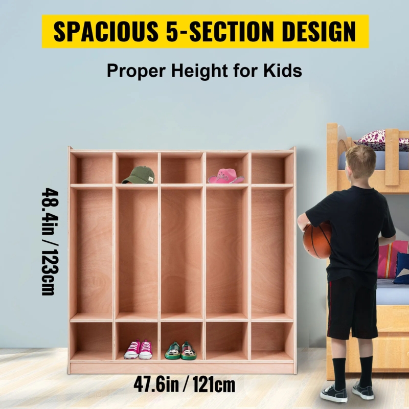 Kids Coat Locker Natural Plywood Five Section Grid Shoe Hat Bins
