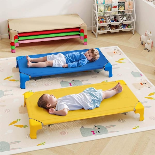 Kids Daycare Cot, Rounded Safety Corners, Primary Colors, Low Profile.