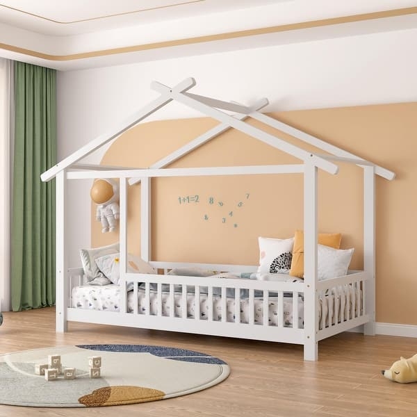 Kids House Bed Frame with Silhouette Design and Integrated Railings