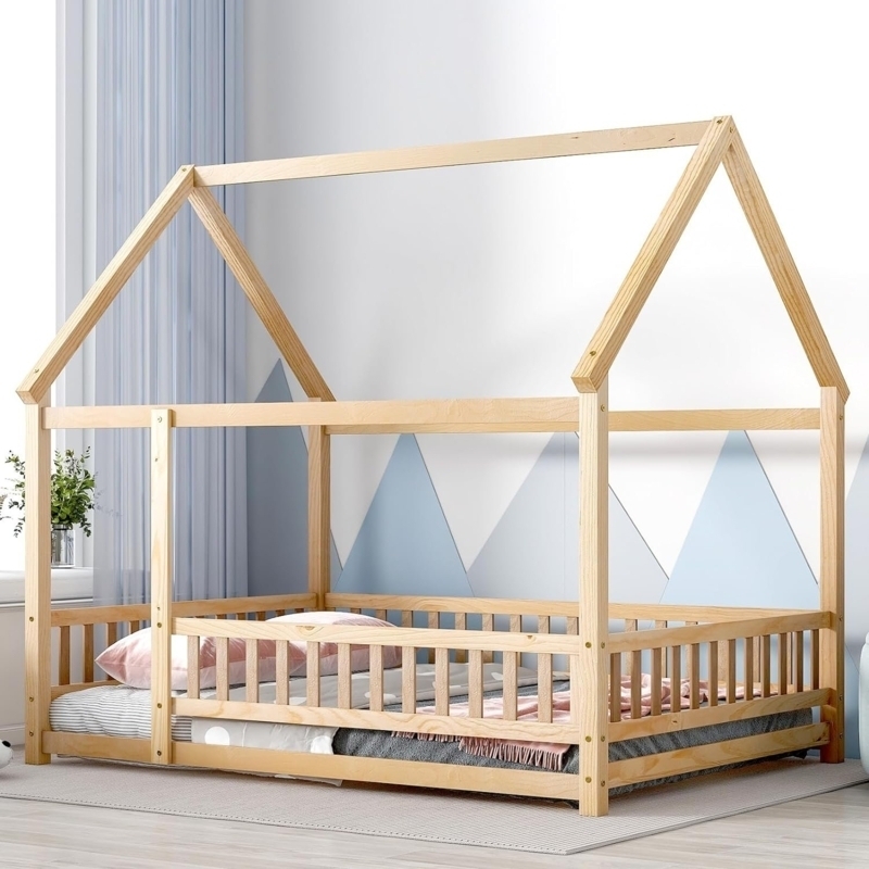 Kids House Bed Montessori Floor Frame with Vertical Slats in Wood