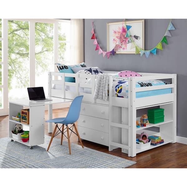 Kids Low Loft Bed with Rolling Desk, Three Drawers and Bookcase