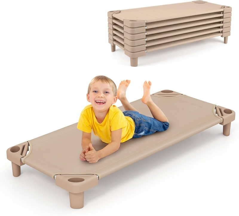 Kids Nap Cot, Warm Beige, Oxford Cloth, Easy Lift Handles.