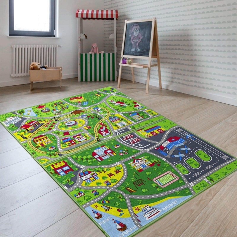 Kids Play Rug Dual Panel Kids Rug Roadway Pattern Vibrant Graphics