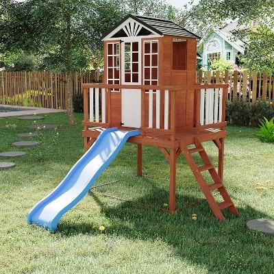 Kids Playhouse Elevated Platform with Sunburst Detail & Sky Blue Slide