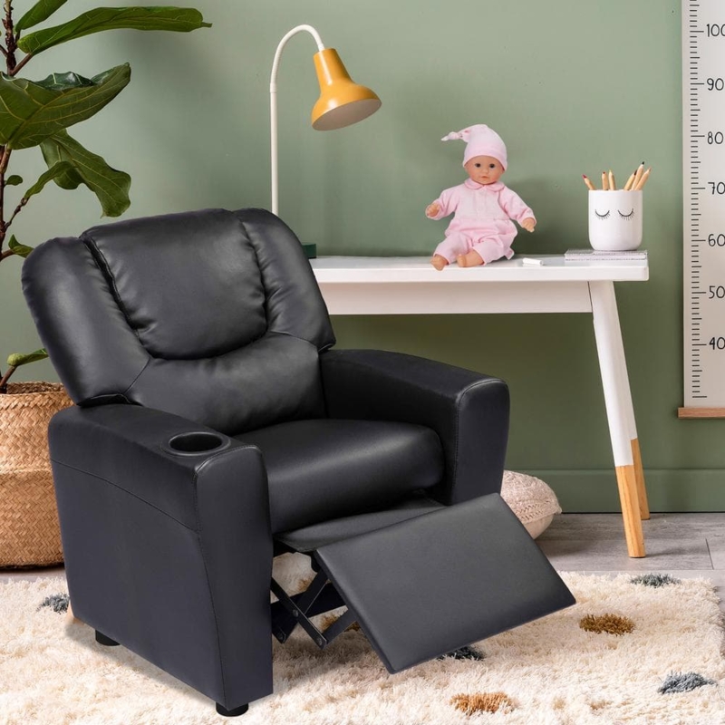 Kids Push Back Recliner: Matte Black Faux Leather Seat