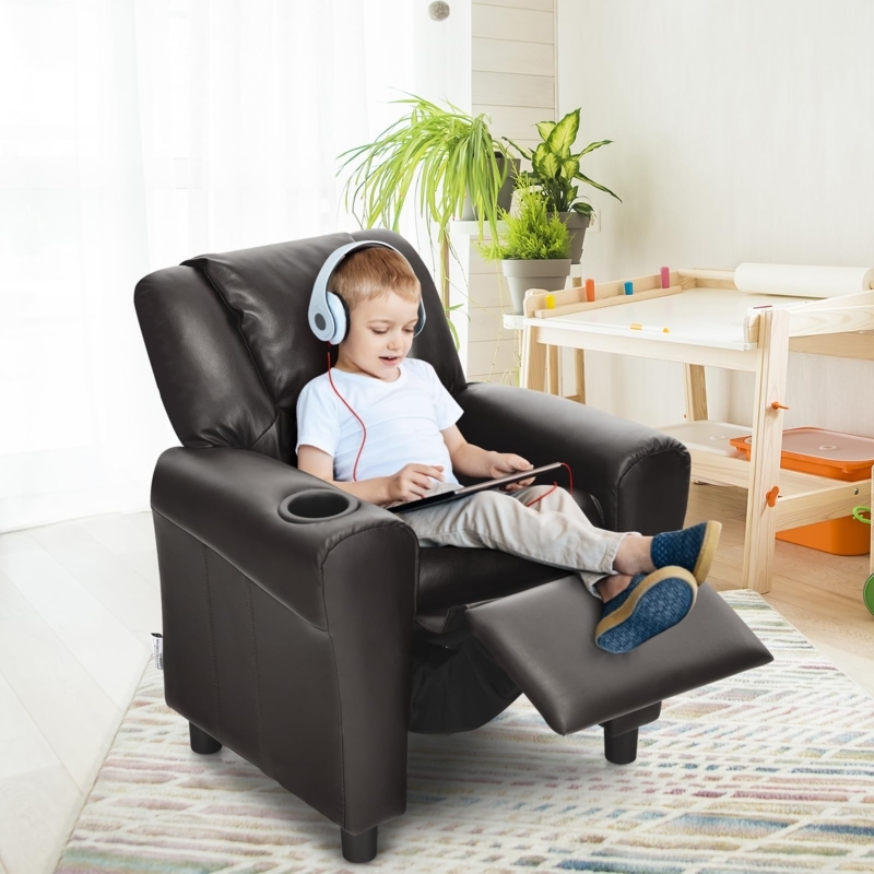 Kids Recliner Chair: Espresso Leather-like with Cup Holder