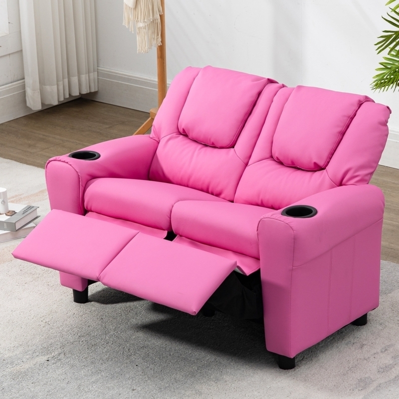 Kids Recliner Sofa: Bubblegum Pink Double Seat with Cup Holders
