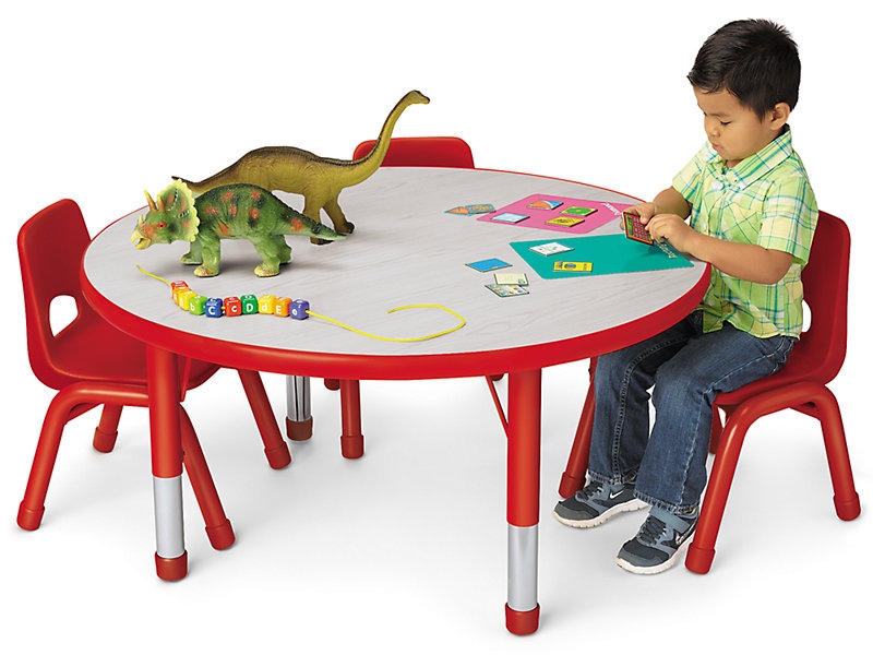 Kids Round Table with Adjustable Height Legs and Primary Red Trim